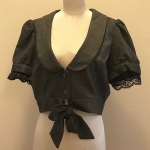 Cropped Menswear Jacket with Tie & Lace Detail